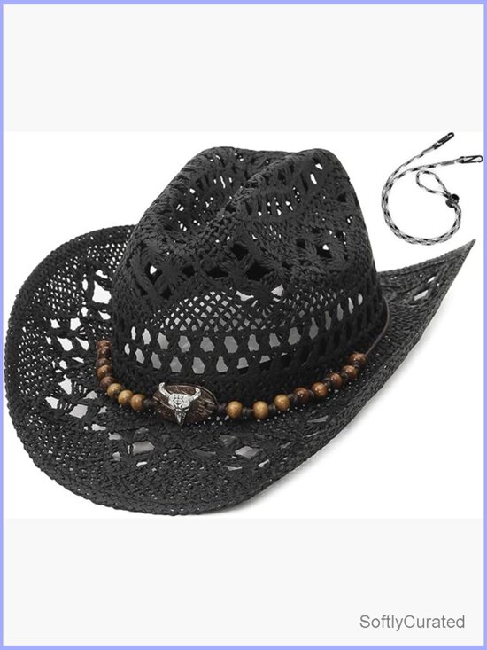 Straw Cowgirl Hat with Chin Strap Wide Brim Hollow Out Packable Sun Hat main image 4